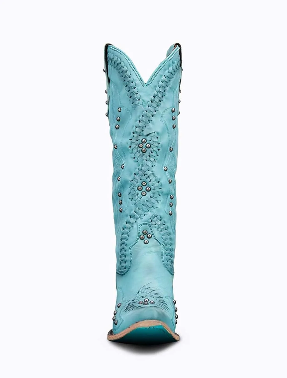Women's Cowboy Knee High Boots With Slip On Almond Toe Chunky Heel Dress Boots Studded Rivets Embroidered Design