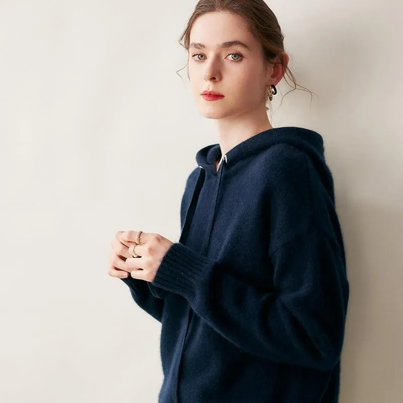 Women's Fall and Winter 100% Cashmere 7 Stiches Thickening Long Sleeve Hoodie