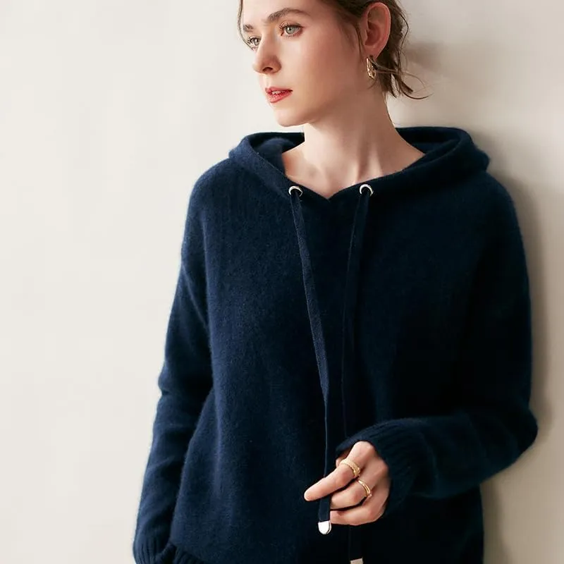 Women's Fall and Winter 100% Cashmere 7 Stiches Thickening Long Sleeve Hoodie