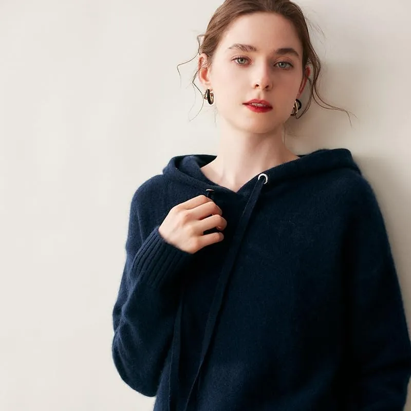 Women's Fall and Winter 100% Cashmere 7 Stiches Thickening Long Sleeve Hoodie