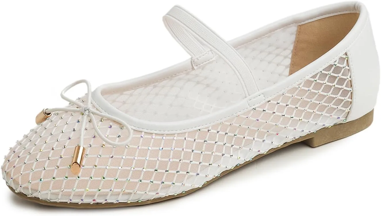 Women's Fashion Mesh Soft Mary Jane Round Toe Sparkle Flats