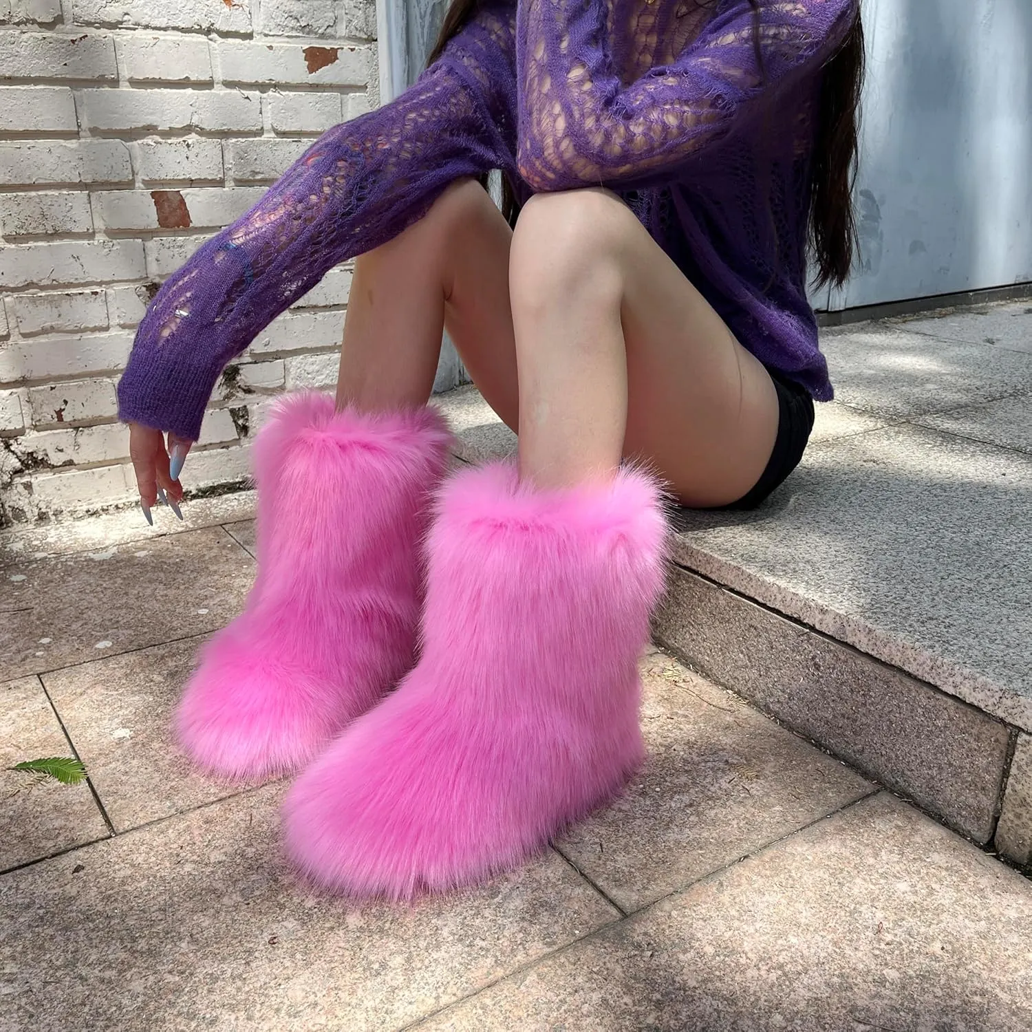 Women's Faux Fur Boot, Round Toe Suede, Warm Snow Comfy Plush Short Flat Mid-Calf Furry Fluffy Boots