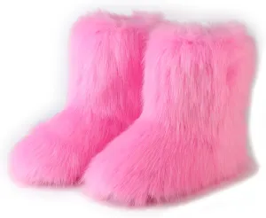 Women's Faux Fur Boot, Round Toe Suede, Warm Snow Comfy Plush Short Flat Mid-Calf Furry Fluffy Boots