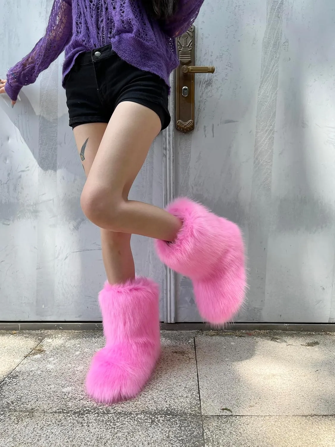 Women's Faux Fur Boot, Round Toe Suede, Warm Snow Comfy Plush Short Flat Mid-Calf Furry Fluffy Boots