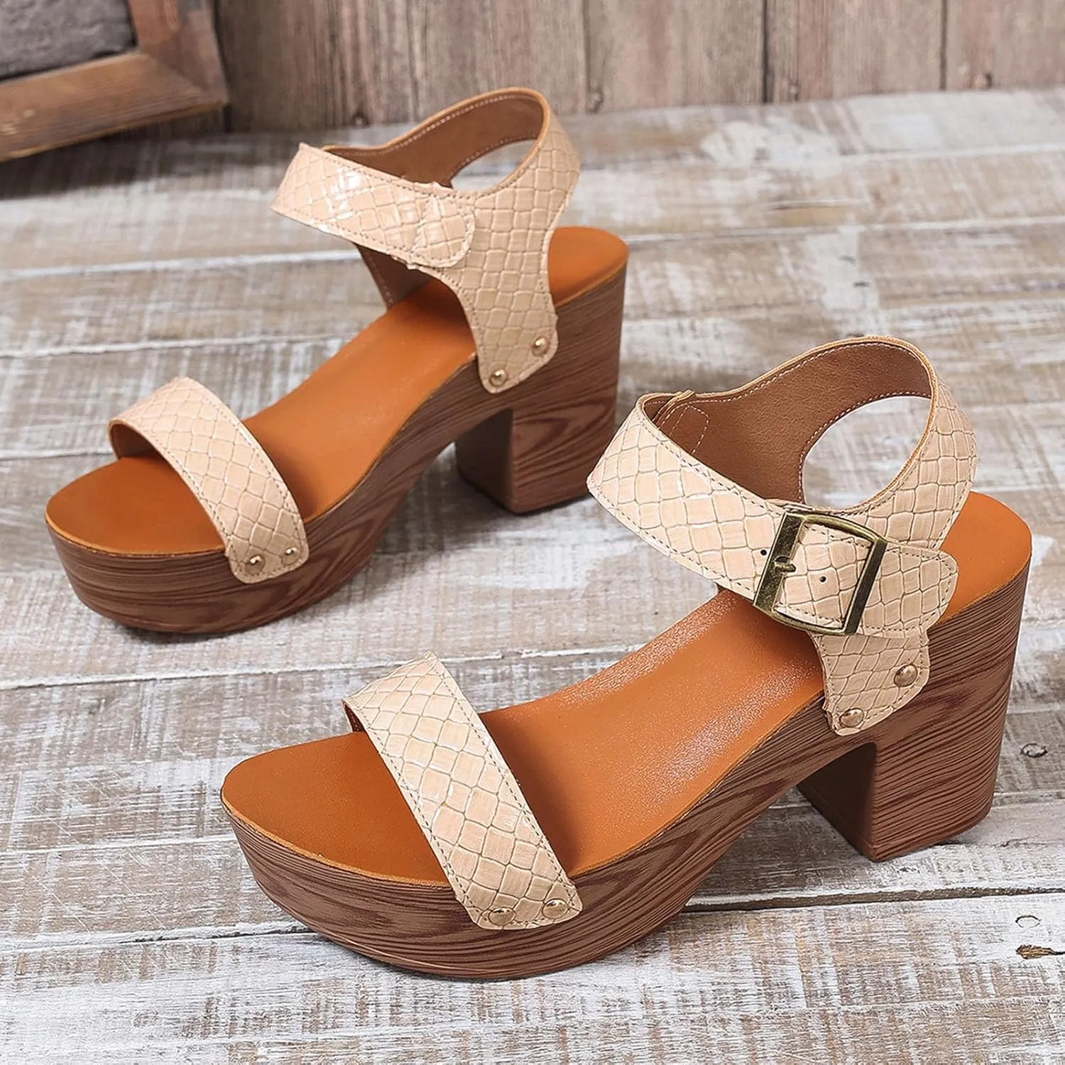Women's Faux Wood Sandal, Platform Heels, High Heel Stylish Roman Block Heel Sandals with Buckle Ankle Strap