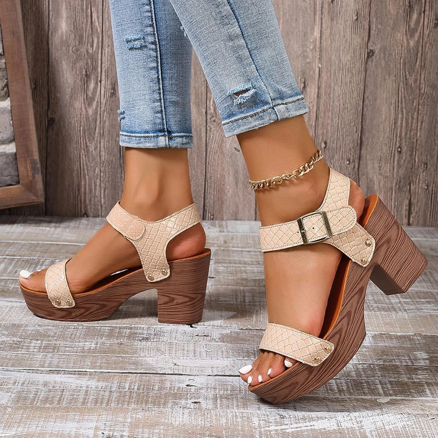 Women's Faux Wood Sandal, Platform Heels, High Heel Stylish Roman Block Heel Sandals with Buckle Ankle Strap