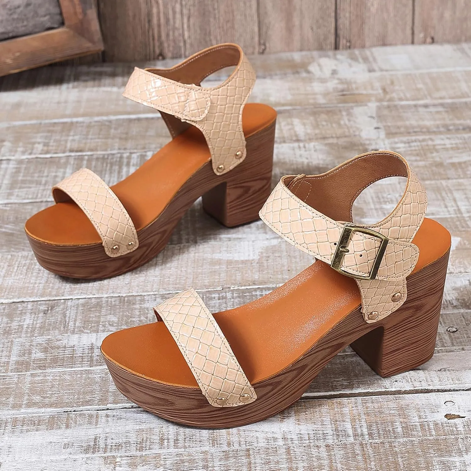Women's Faux Wood Sandal, Platform Heels, High Heel Stylish Roman Block Heel Sandals with Buckle Ankle Strap