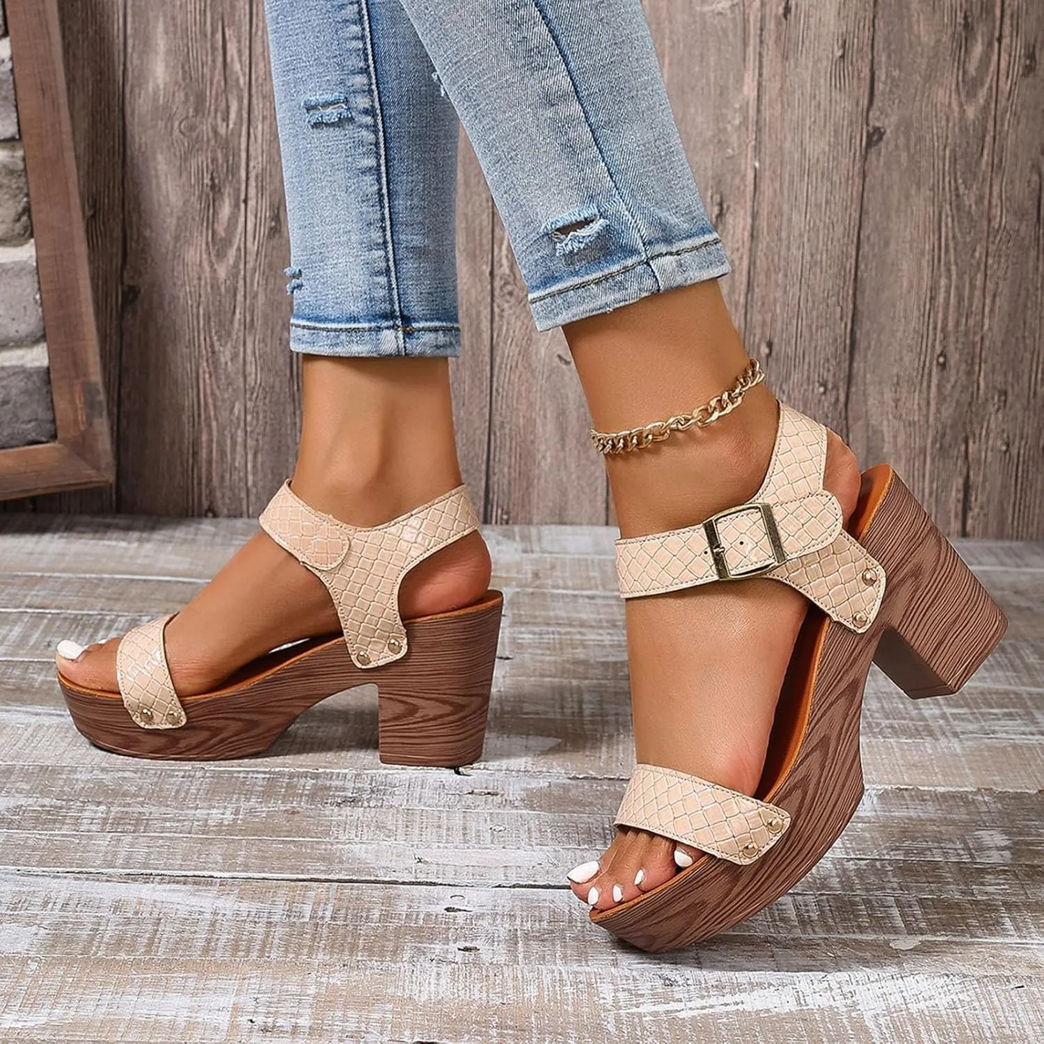 Women's Faux Wood Sandal, Platform Heels, High Heel Stylish Roman Block Heel Sandals with Buckle Ankle Strap
