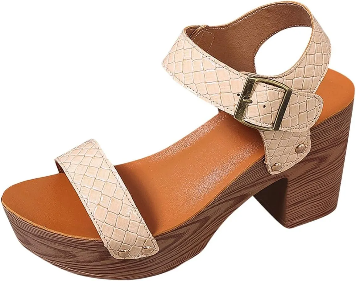 Women's Faux Wood Sandal, Platform Heels, High Heel Stylish Roman Block Heel Sandals with Buckle Ankle Strap
