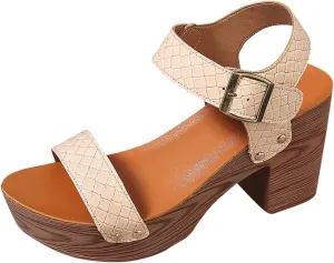 Women's Faux Wood Sandal, Platform Heels, High Heel Stylish Roman Block Heel Sandals with Buckle Ankle Strap