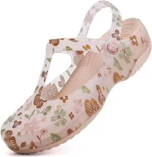 Women's Fine Printed Baotou Garden Clogs Shoes with Arch Support,Adjustable Heel Strap Slip on Non-Slip Thick Sole Jelly Beach Water Sandals