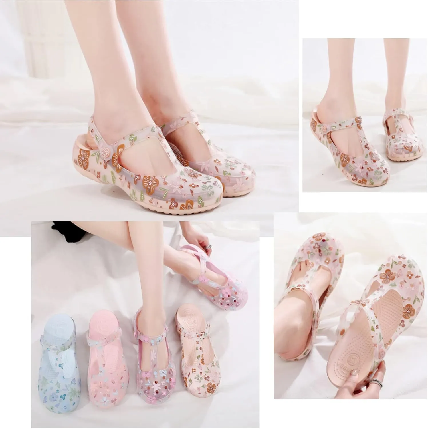 Women's Fine Printed Baotou Garden Clogs Shoes with Arch Support,Adjustable Heel Strap Slip on Non-Slip Thick Sole Jelly Beach Water Sandals