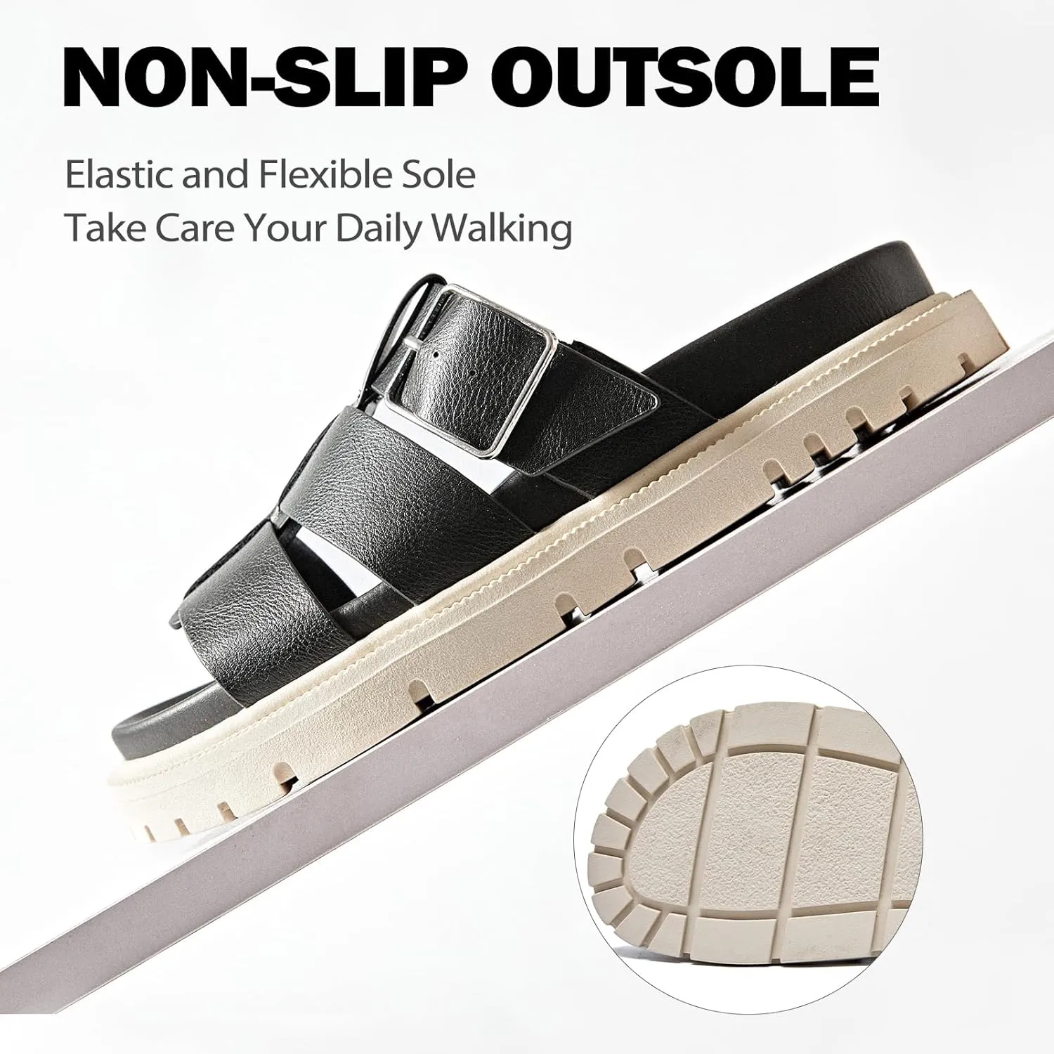 Women's Flat Slides Sandals Wide Width Platform Sandals Comfot Summer Soft Plantar Slippers Arch Support Slip on Shoes for Women.
