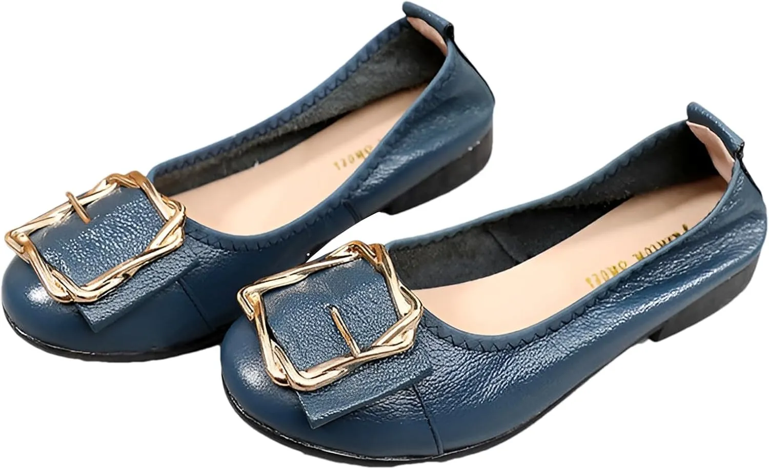 Women's Genuine Leather Ballerinas Fashion Metal Buckle Soft Flat Pumps Shoes