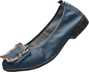 Women's Genuine Leather Ballerinas Fashion Metal Buckle Soft Flat Pumps Shoes