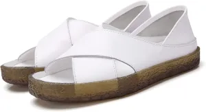 Women’s Genuine Leather Beef Tendon Flat Open Toe Sandals,Summer Casual Comfort Memory Insole Slip-on with Arch Support Soft Flats Walking Sandal Loafer