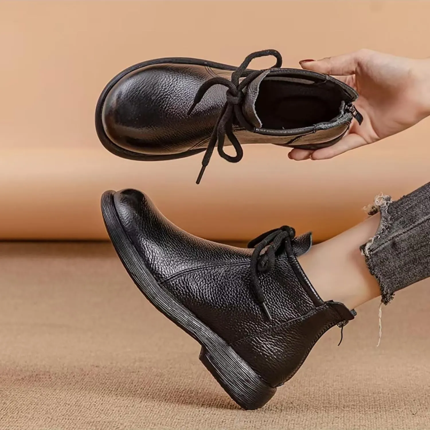 Women's Genuine Leather lace-up flat ankle boots Classic Round Toe Back zipper Soft Bottom Casual Booties Comfortable Vacation Office Anti Slip Leather Boots