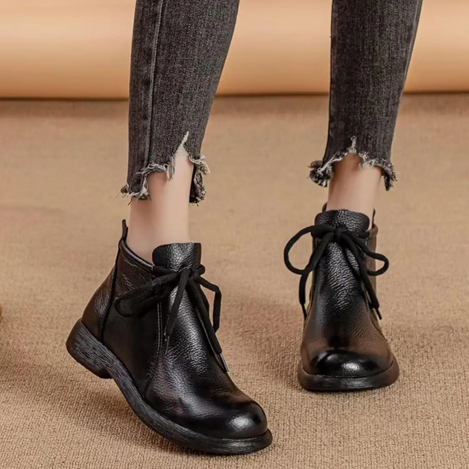 Women's Genuine Leather lace-up flat ankle boots Classic Round Toe Back zipper Soft Bottom Casual Booties Comfortable Vacation Office Anti Slip Leather Boots