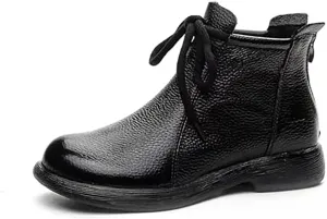 Women's Genuine Leather lace-up flat ankle boots Classic Round Toe Back zipper Soft Bottom Casual Booties Comfortable Vacation Office Anti Slip Leather Boots