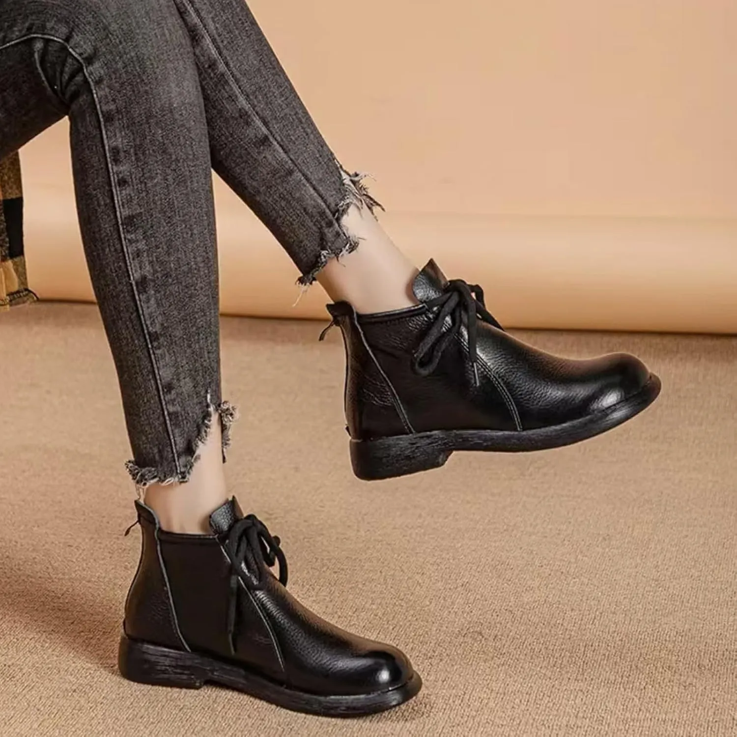Women's Genuine Leather lace-up flat ankle boots Classic Round Toe Back zipper Soft Bottom Casual Booties Comfortable Vacation Office Anti Slip Leather Boots