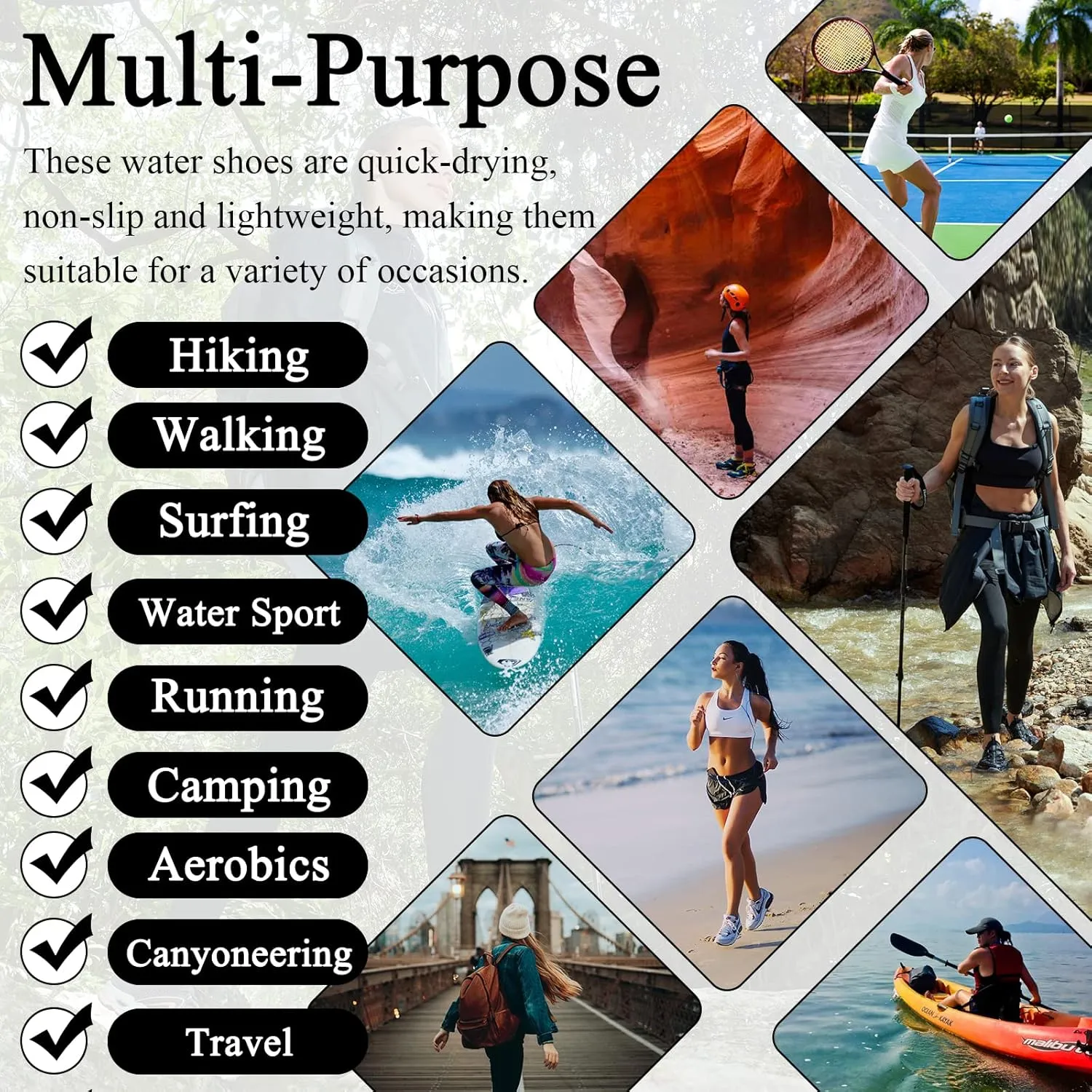 Womens Hiking Water Shoes - Multi-Purpose Quick Dry Sneakers Non Slip & Lightweight & Breathable for Outdoor Sport Travel Walking Tour Swim Beach