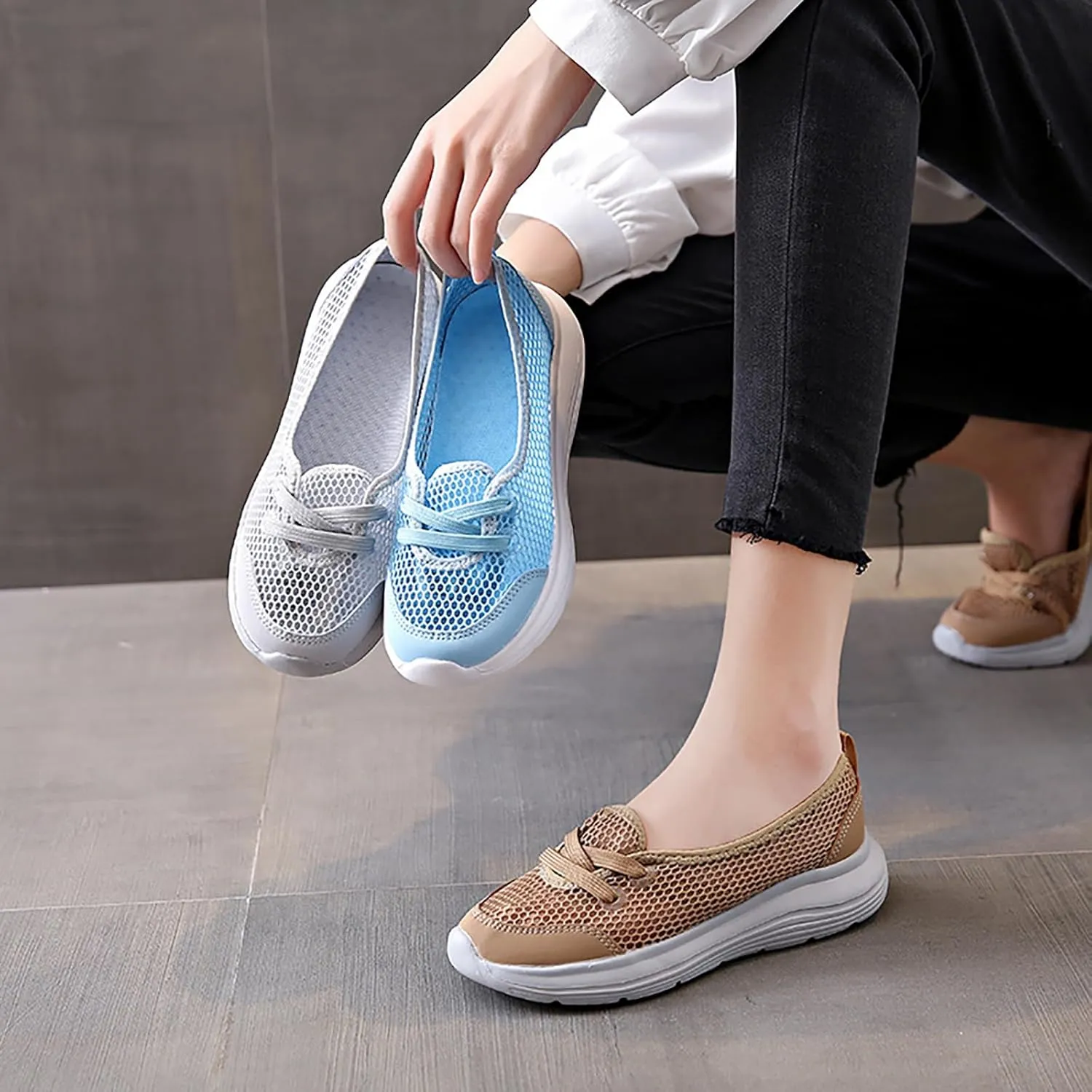 Women's Hollow Mesh Lace Up Flats Sneakers,Summer Fashion Breathable Low Top Backless Round Toe Comfortable Slip-on Soft Sole Casual Walking Shoe Loafer