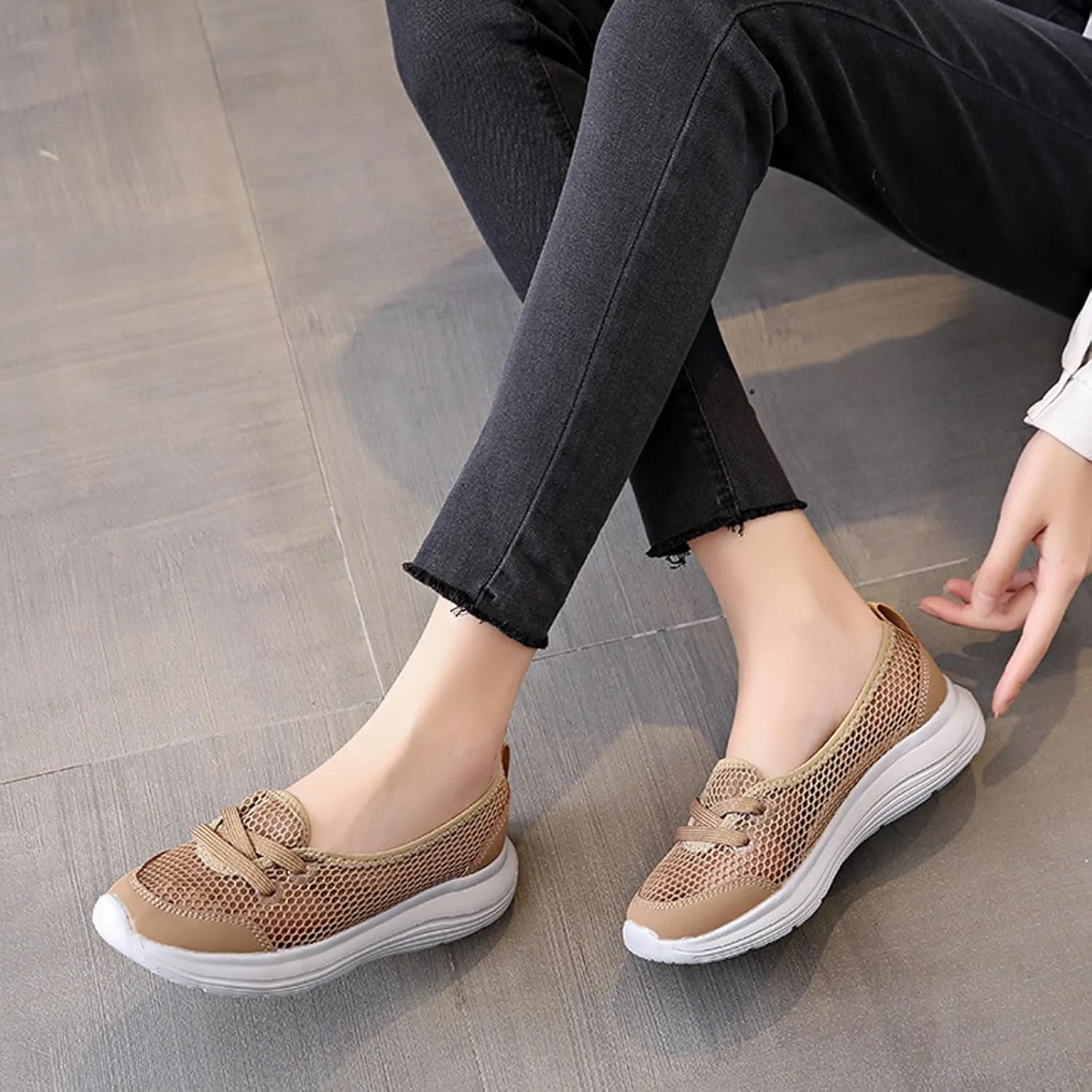 Women's Hollow Mesh Lace Up Flats Sneakers,Summer Fashion Breathable Low Top Backless Round Toe Comfortable Slip-on Soft Sole Casual Walking Shoe Loafer