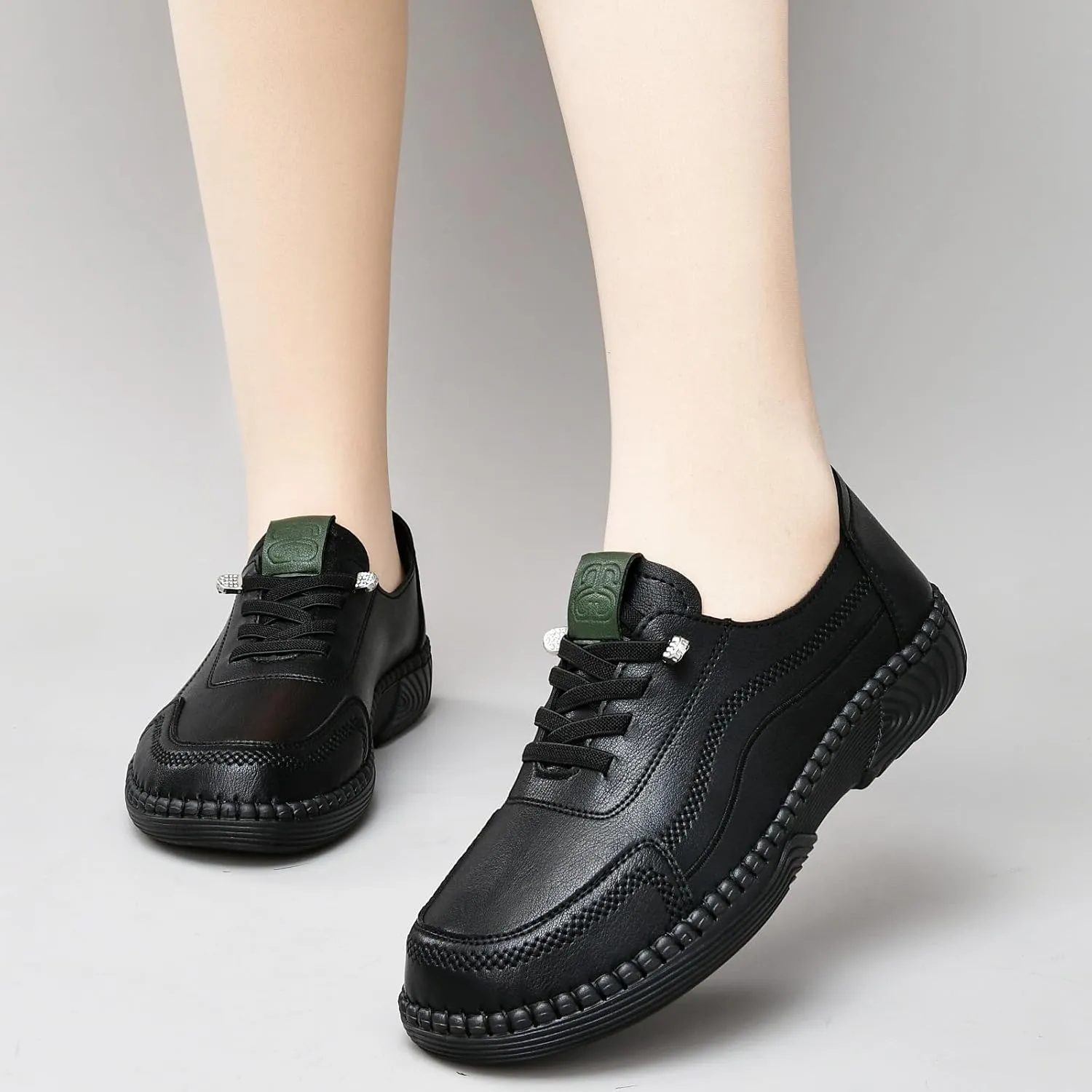 Women's Leather Soft Bottom Flats Round Toe Design with Beef Tendon Sole, Non-Slip Comfortable Lightweight Walking Shoes for Daily Use