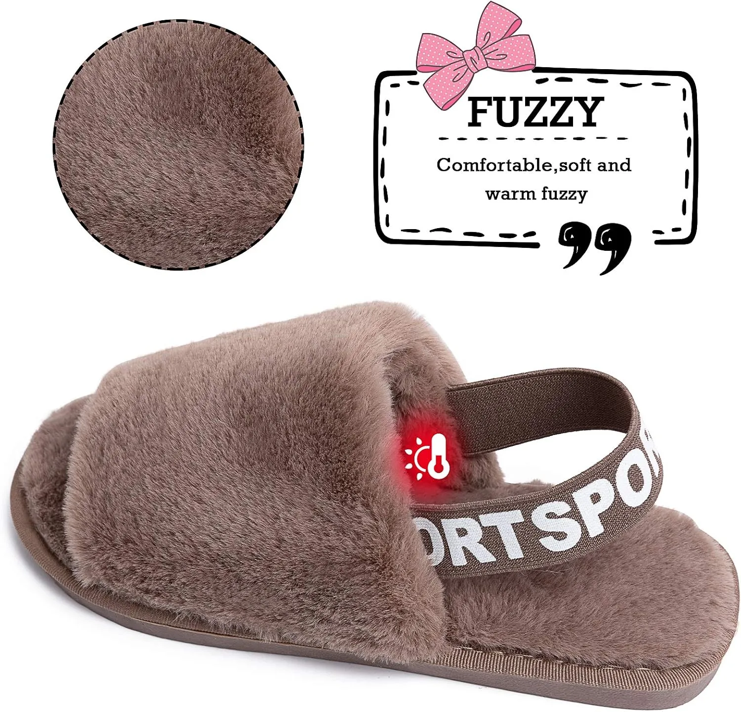 Womens Leopard Fuzzy Slippers Soft Plush Open Toe Faux Fur House Slide Sandals Indoor Spa Bedroom Flat Shoes with Elastic Strap