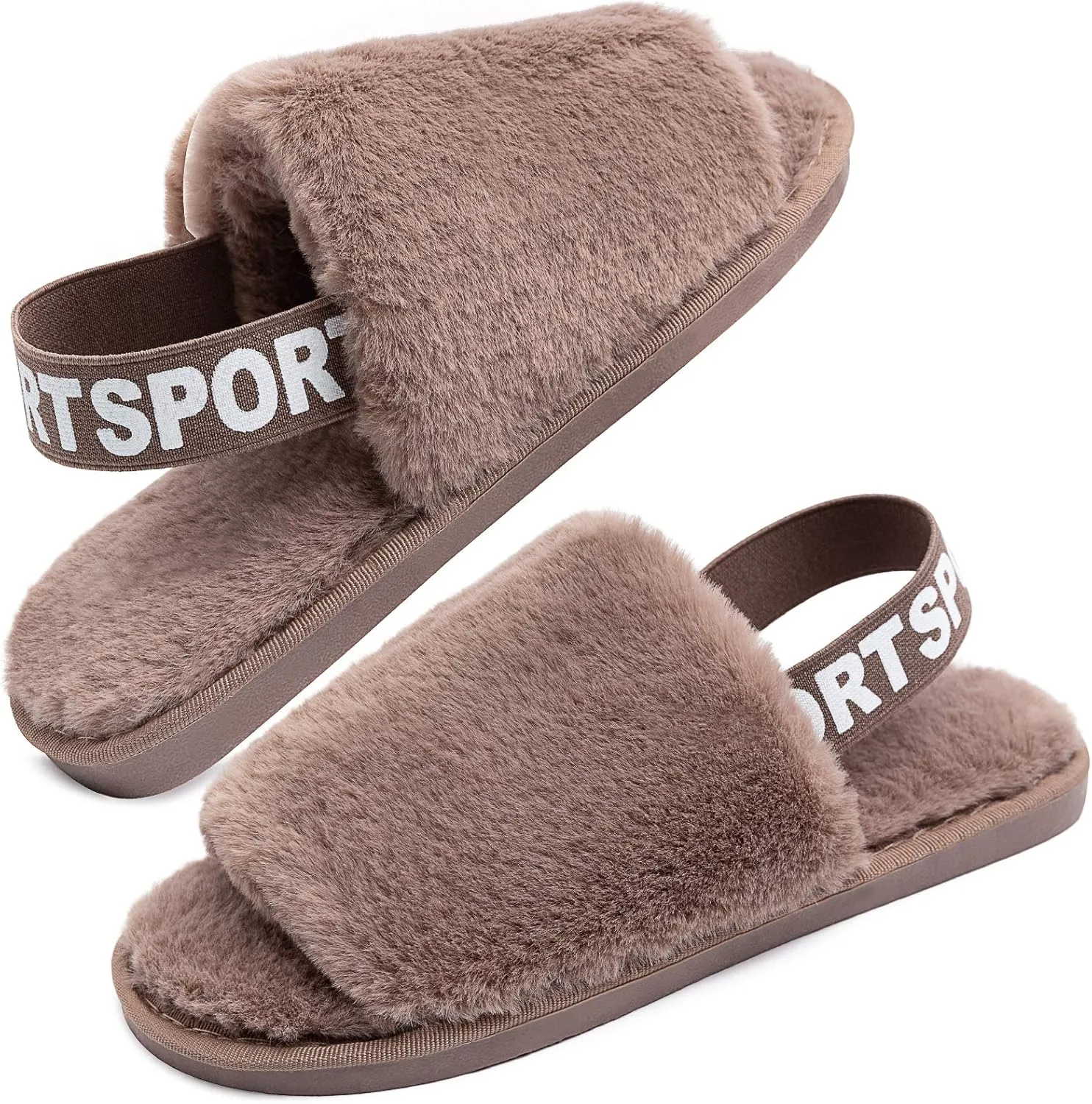 Womens Leopard Fuzzy Slippers Soft Plush Open Toe Faux Fur House Slide Sandals Indoor Spa Bedroom Flat Shoes with Elastic Strap