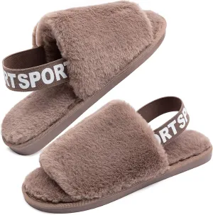 Womens Leopard Fuzzy Slippers Soft Plush Open Toe Faux Fur House Slide Sandals Indoor Spa Bedroom Flat Shoes with Elastic Strap