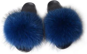 Womens Luxury Real Raccon Fur Sliders Sandal Slippers Furry Slides Fashion Flat Soles Soft Summer Slippers(12, Raccoon-Sapphire)