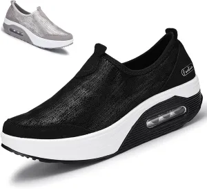 Womens Platform Sneakers Comfort Air Fashion Wedge Slip on Loafer Walking Shoes with Arch Support,Comfortable Casual Stretch Toning Rocker Shoes