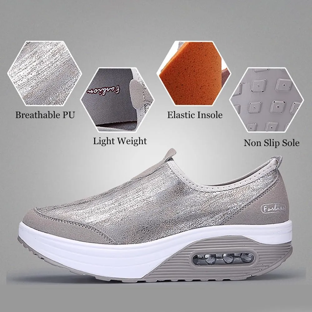 Womens Platform Sneakers Comfort Air Fashion Wedge Slip on Loafer Walking Shoes with Arch Support,Comfortable Casual Stretch Toning Rocker Shoes
