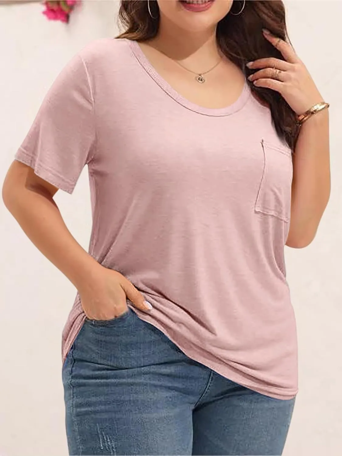 Womens Plus Size Tunic T Shirts Short Sleeve Round Neck Soft Loose Shirts Summer Casual Tops with Pocket