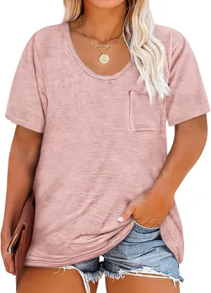 Womens Plus Size Tunic T Shirts Short Sleeve Round Neck Soft Loose Shirts Summer Casual Tops with Pocket
