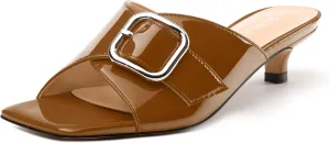 Women's Sandals, Square Open Toe Kitten Low Heels Slide Sandal, Fashion Solid Patent Mules Sandals