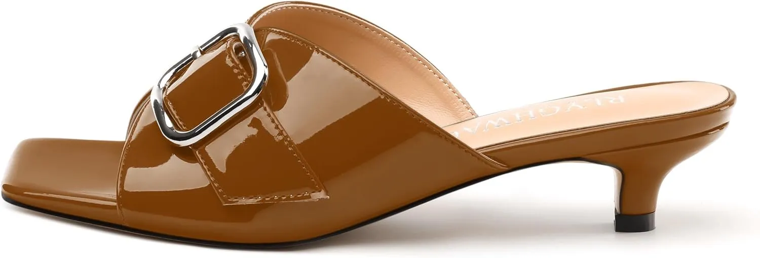 Women's Sandals, Square Open Toe Kitten Low Heels Slide Sandal, Fashion Solid Patent Mules Sandals