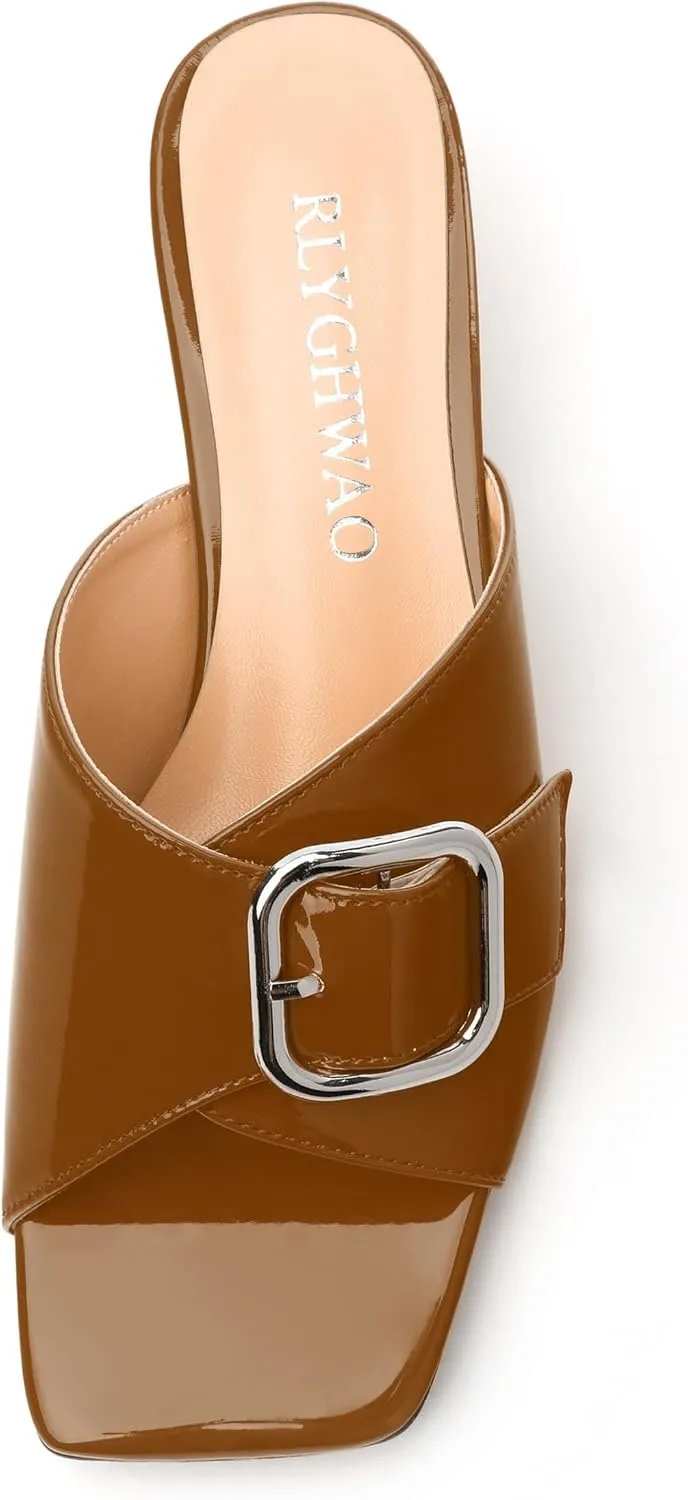 Women's Sandals, Square Open Toe Kitten Low Heels Slide Sandal, Fashion Solid Patent Mules Sandals