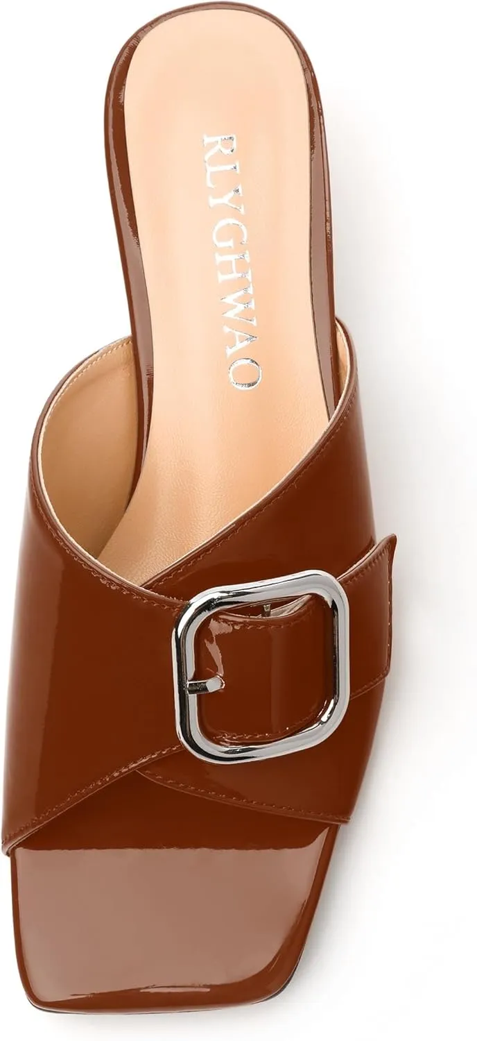 Women's Sandals, Square Open Toe Kitten Low Heels Slide Sandal, Fashion Solid Patent Mules Sandals
