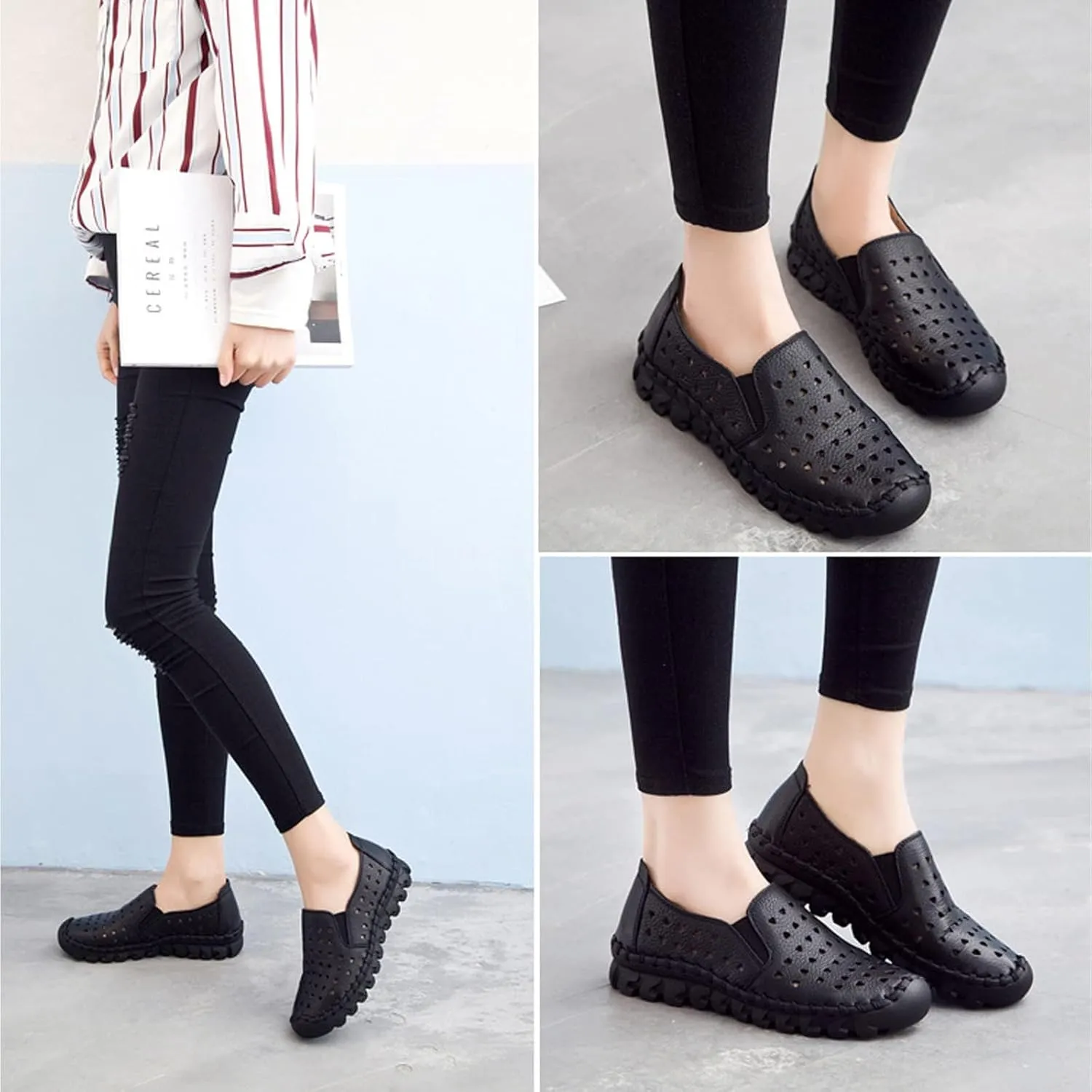 Women's Soft Leather Ortho 4D Pain Relief Loafers,Hollow Slip-on Flat Orthopedic Sneakers,Fashion Breathable Hand-Stitching Non-Slip Mom Comfort Walking Shoes
