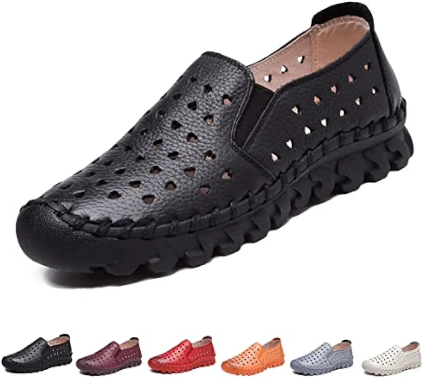 Women's Soft Leather Ortho 4D Pain Relief Loafers,Hollow Slip-on Flat Orthopedic Sneakers,Fashion Breathable Hand-Stitching Non-Slip Mom Comfort Walking Shoes