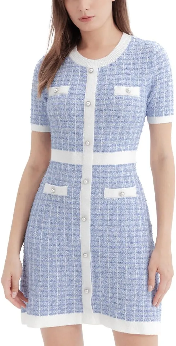 Women's Sweater Dress Knit Tweed Dress Short Sleeve Pearl Button Mini Dresses Trendy for Fall Spring Summer