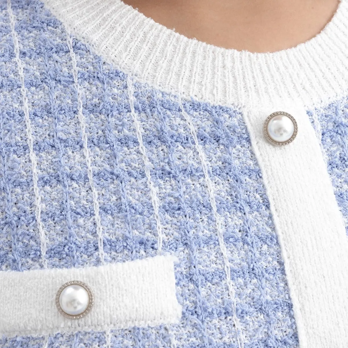 Women's Sweater Dress Knit Tweed Dress Short Sleeve Pearl Button Mini Dresses Trendy for Fall Spring Summer