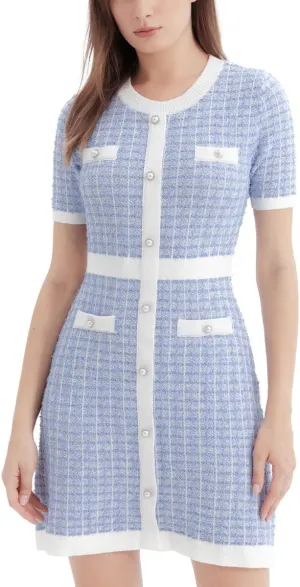 Women's Sweater Dress Knit Tweed Dress Short Sleeve Pearl Button Mini Dresses Trendy for Fall Spring Summer