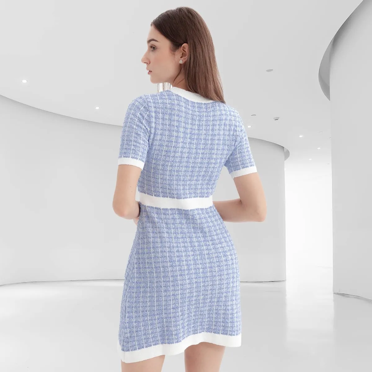 Women's Sweater Dress Knit Tweed Dress Short Sleeve Pearl Button Mini Dresses Trendy for Fall Spring Summer