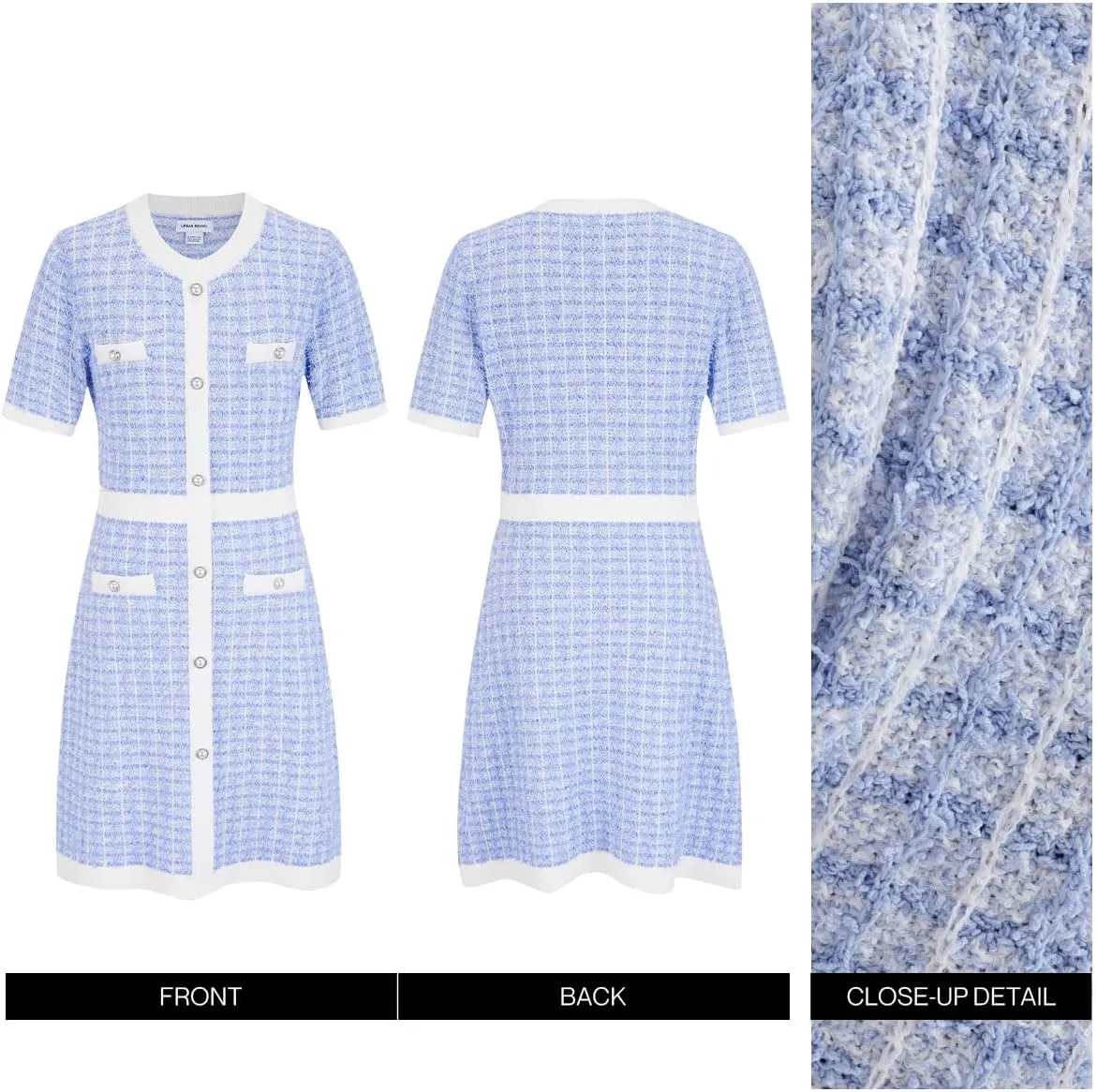 Women's Sweater Dress Knit Tweed Dress Short Sleeve Pearl Button Mini Dresses Trendy for Fall Spring Summer
