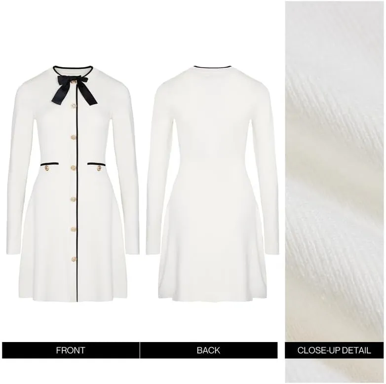 Women's Sweater Dress Long Sleeve Knit Button Down Dress Bow Tie Crew Neck Mini A-Line Dresses Fall Winter