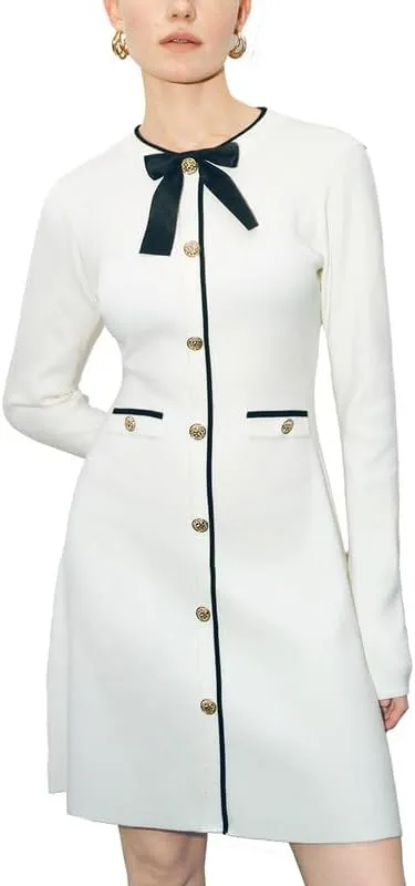 Women's Sweater Dress Long Sleeve Knit Button Down Dress Bow Tie Crew Neck Mini A-Line Dresses Fall Winter