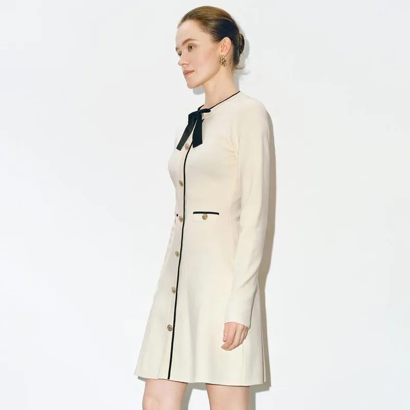 Women's Sweater Dress Long Sleeve Knit Button Down Dress Bow Tie Crew Neck Mini A-Line Dresses Fall Winter